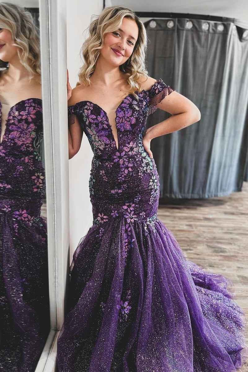 Purple Off the Shoulder Sequin Lace Mermaid Prom Dresses VK23121604