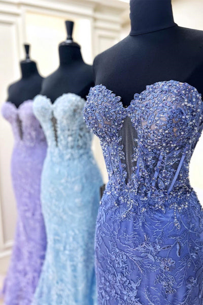 Periwinkle Strapless Floral Lace Mermaid Long Prom Dresses VK23112703