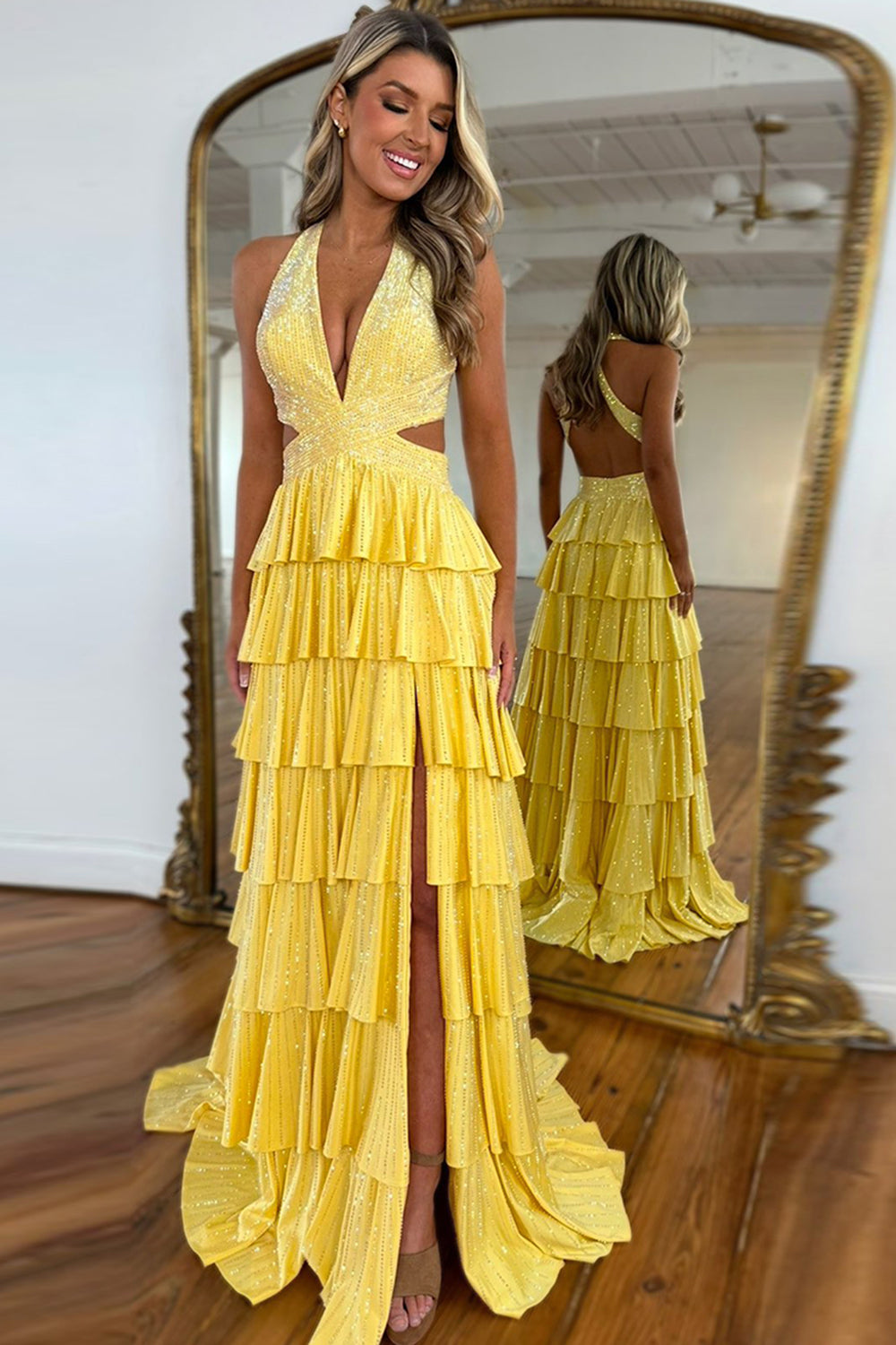 Halter Sparkly Yellow Ruffle Tiered A-Line Long Prom Dress with Slit VK022504