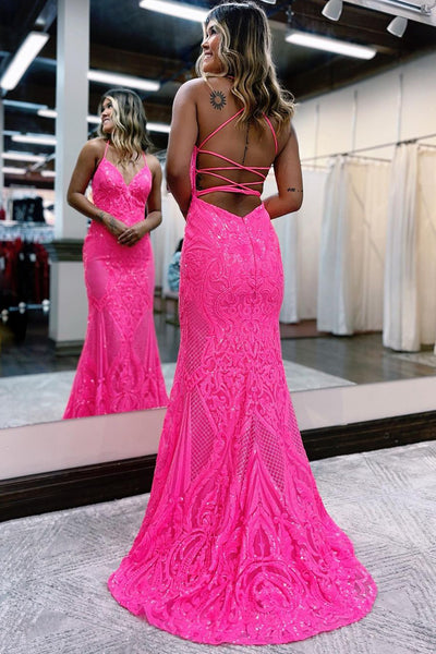 Hot Pink V Neck Sequin Lace Mermaid Long Prom Dresses VK23112405