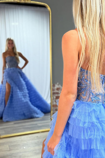 Gorgeous Ball Gown Strapless Blue Tiered Tulle Prom Dress with Beading VK25030102