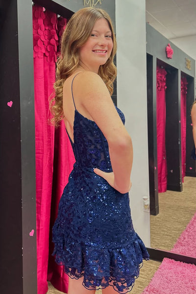 Navy Blue Sweetheart Sequin Lace Tight Short Homecoming Dresses VK25091605