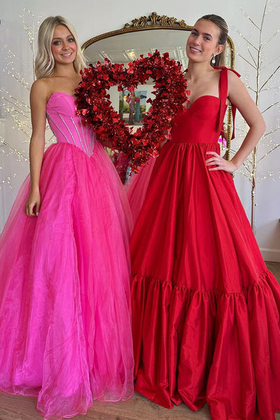 Pink Strapless Tulle A-Line Long Prom Dresses VK24022603