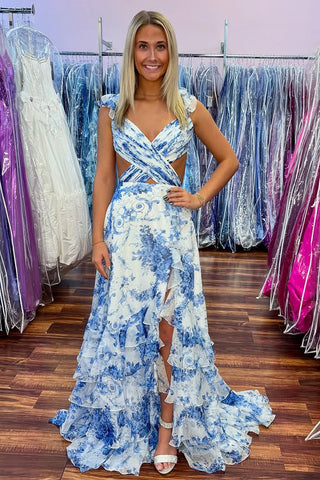 Charming Sheath V Neck Floral Blue Tiered Prom Dress with Slit VK020507