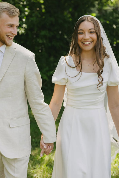 A-Line Square Neck Short Sleeve Silk Satin Wedding Dresses VK25092307