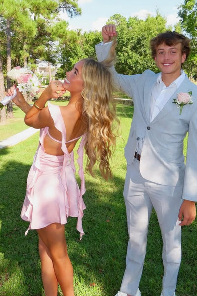 Blush Pink Ruffle Strap Mini Homecoming Dress with Side Cutouts VK25092904