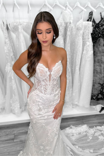 Fairy Mermaid V Neck Lace Wedding Dresses with Train VK24102802