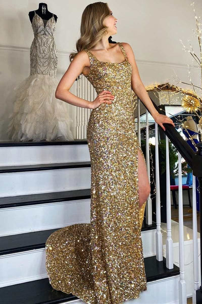 Gold Sequin Square Neck Backless Mermaid Long Formal Dress with Slit VK23121205