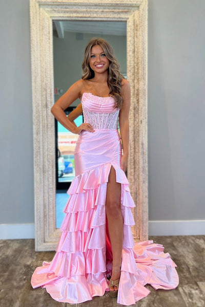Cute Mermaid Strapless Pink Satin Slit Prom Dresses with Appliques VK0203
