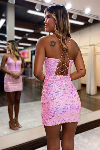 Pink V Neck Sequins Criss Cross Back Short Homecoming Dresses VK23081208
