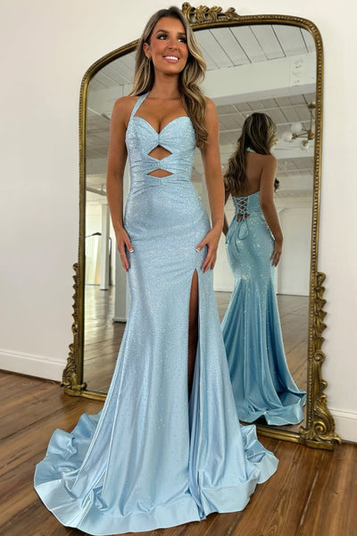 Pink Mermaid Halter Keyholes Beaded Long Prom Dresses with Slit VK26012903