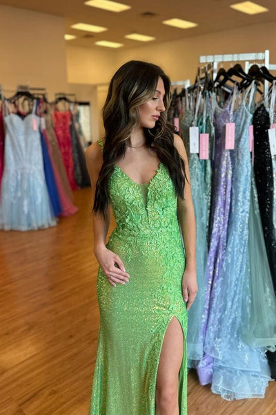 Cute Mermaid V Neck Green Sequin Mermaid Long Prom Dresses with Appliques VK24021402