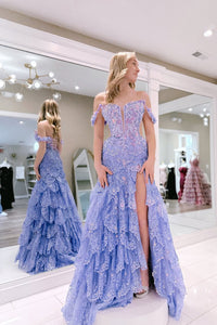 A-Line Off the Shoulder Lavender Sequin Lace Ruffle Tiered Long Prom Dresses with Slit VK021307