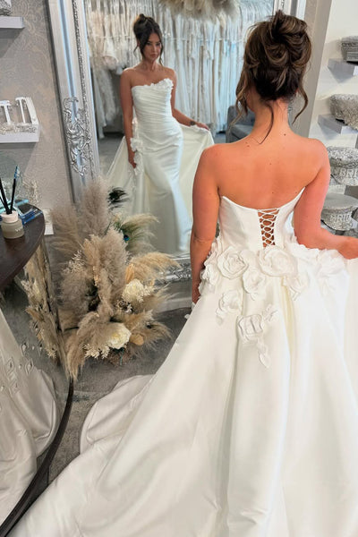 Gorgeous Mermaid Strapless Satin Wedding Dresses with Flowers VK25052403