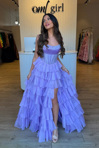Stunning A Line Scoop Neck Lavender Chiffon Tiered Prom Dress with Slit VK162409