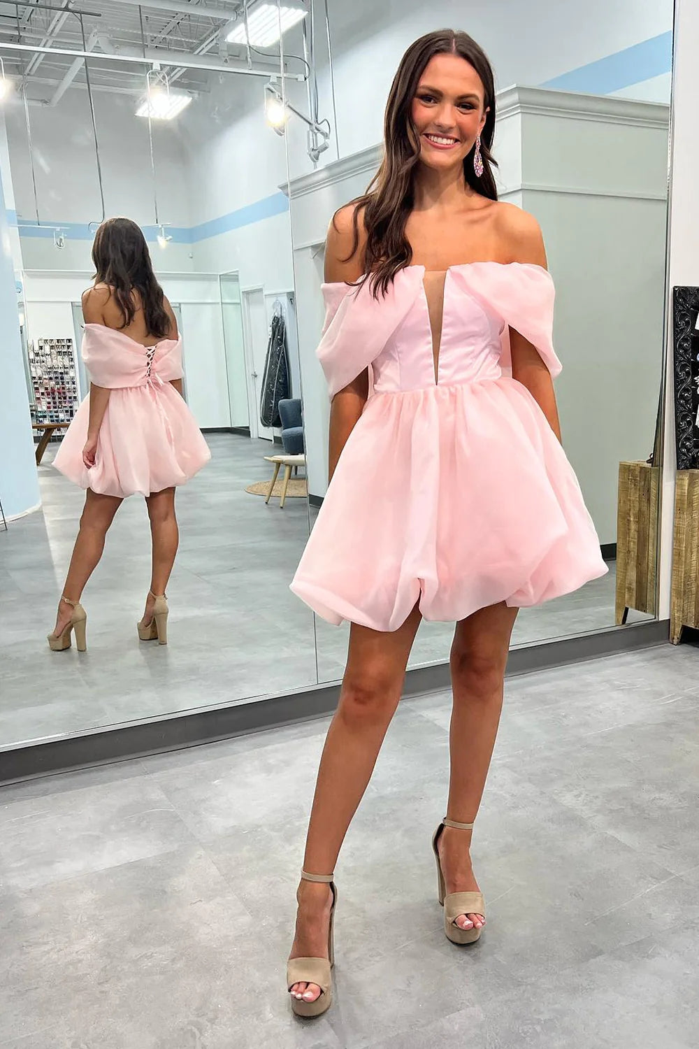 Simple Pink A-Line Off the Shoulder Short Homecoming Dress VK23082802
