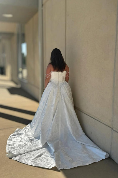 Elegant A-Line Off the Shoulder White Jacquard Satin Wedding Dresses VK25102003