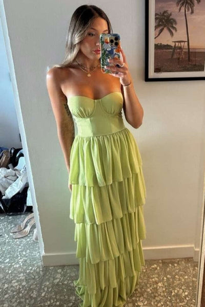 A-Line Sweetheart Ruffles Sage Green Satin Long Prom Dresses VK26011608