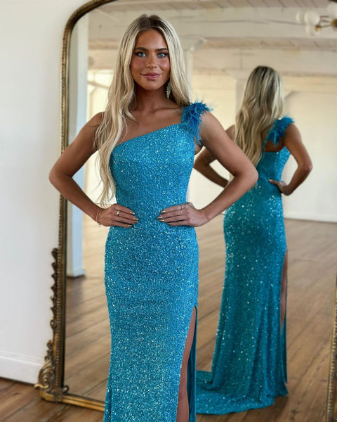Sparkly Mermaid One Shoulder Blue Sequins Long Prom Dresses VK23050510