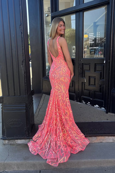 Charming Mermaid V Neck Coral Sequins Long Prom Dresses VK25112502