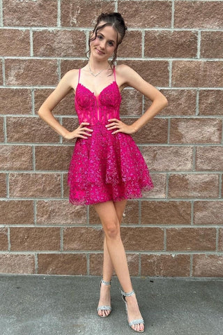 Hot Pink A-Line Sequin Lace Short Homecoming Dresses VK23101210