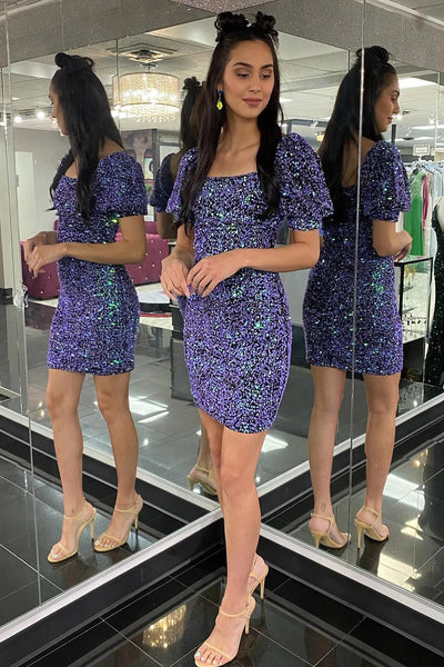 Sparkly Purple Sequins Short Sleeves Tight Homecoming Dress VK23062403