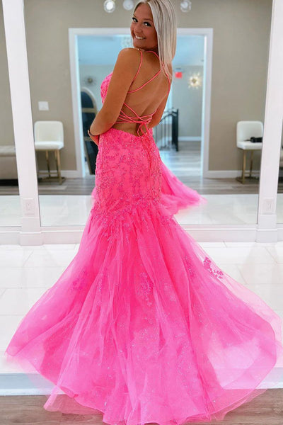 Hot Pink Mermaid V Neck Tulle Lace Long Prom Dresses VK23092510