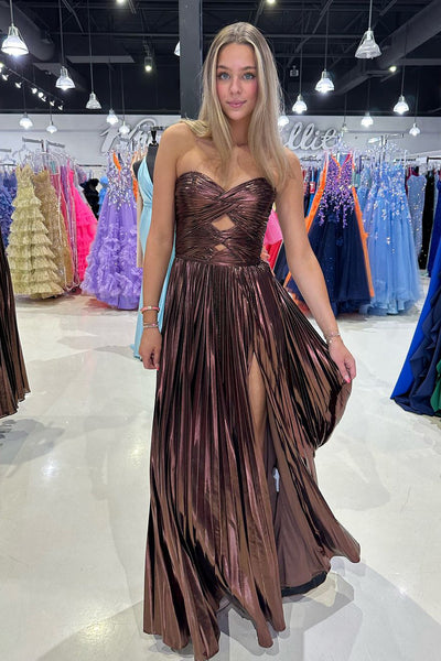 Fashion A Line Sweetheart Satin Long Prom Dresses with Slit VK24101704