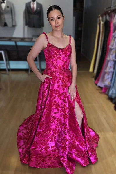 A Line V Neck Straps Fuchsia Red Jacquard Satin Prom Dress with Slit VK030504