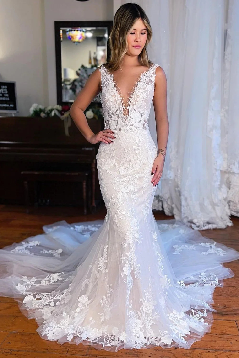 Mermaid Deep V Neck White Lace Wedding Dress with Sweep Train VK23090101 –  Vickidress