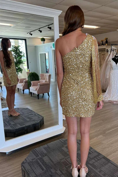 Sparkly Gold One Shoulder Sequins Short Homecoming Dresses VK23070705