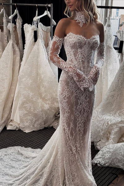 Luxurious Mermaid Sweetheart Lace Beach Wedding Dresses with Long Sleeves VK25051402