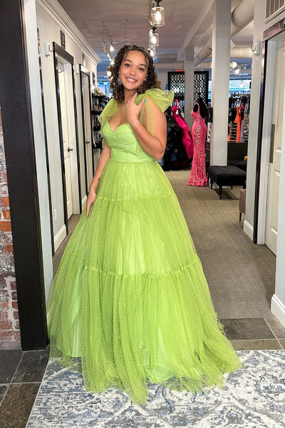 Sage Green Sweetheart Tulle Long Prom Dresses with Bow Tie VK24032203