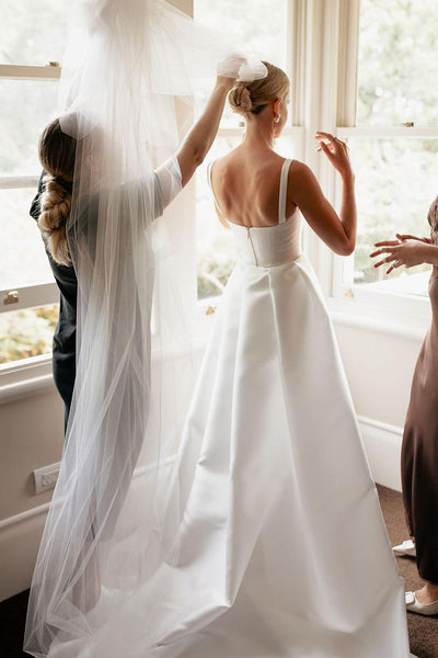 Elegant Mermaid Square Neck Twill Satin Long Wedding Dresses VK24100707