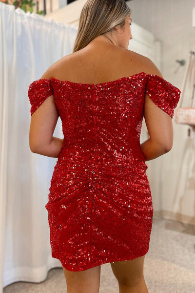 Bodycon Off the Shoulder Red Sequins Short Homecoming Dresses VK23080607