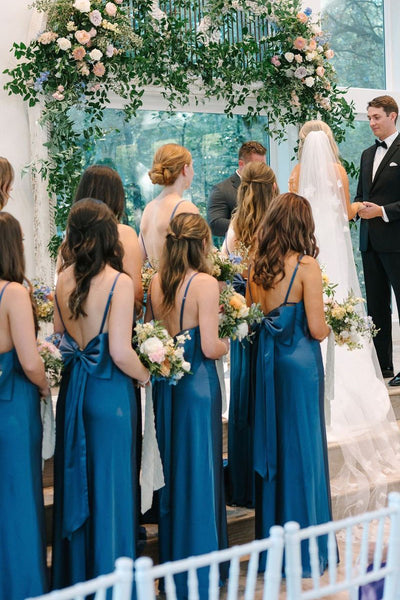 Simple Mermaid Spaghetti Straps Blue Long Bridesmaid Dresses with Bow Back VK24040703