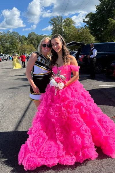 Gorgeous A Line Off the Shoulder Pink Tulle Tiered Prom Dress VK25100704