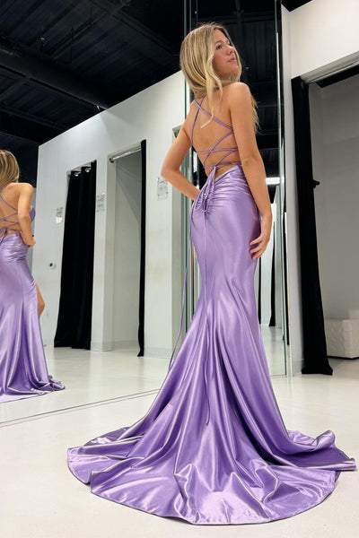 Elegant Mermaid Spaghetti Straps Lilac Long Prom Dress with Slit VK24050803