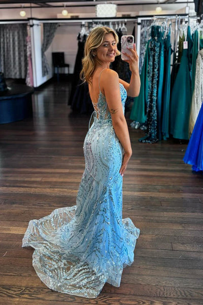 Light Blue Scoop Neck Sequin Appliques Mermaid Prom Dress VK24030405
