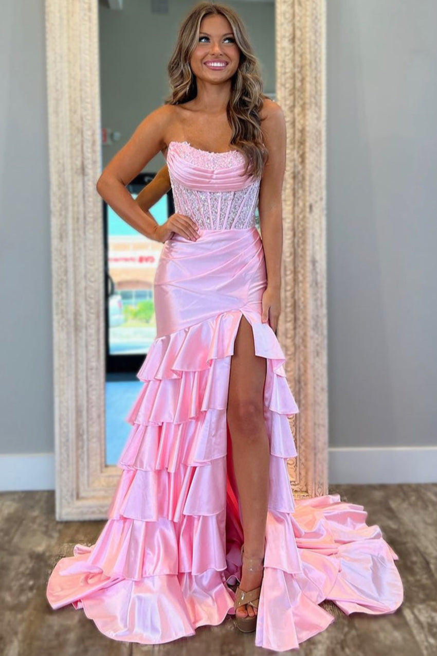 Cute Mermaid Strapless Pink Satin Slit Prom Dresses with Appliques VK0203
