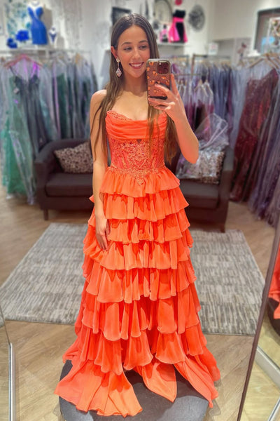Cute A Line Strapless Orange Chiffon Tiered Long Prom Dress with Slit VK26031106