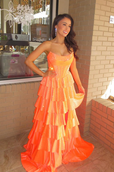 Gorgeous Scoop Neck Orange Hot Fix Satin Tiered Prom Dress with Slit VK030508