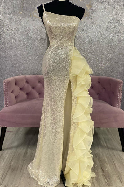 Glitter One-Shoulder Black Sequin Ruffle Long Prom Dress with Slit VK23122105