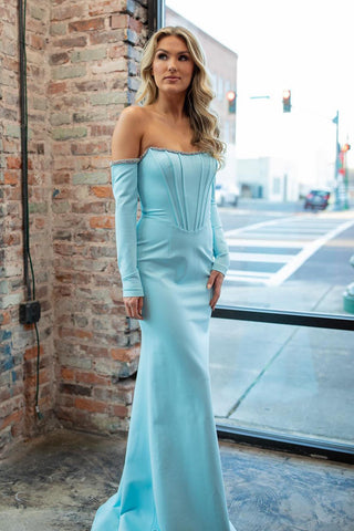 Light Blue Off the Shoulder Satin Mermaid Prom Dress with Beading VK24030505