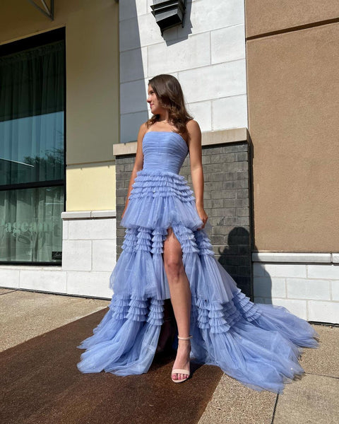 Cute A Line Strapless Dusty Blue Long Prom Dresses with Slit VK23051101