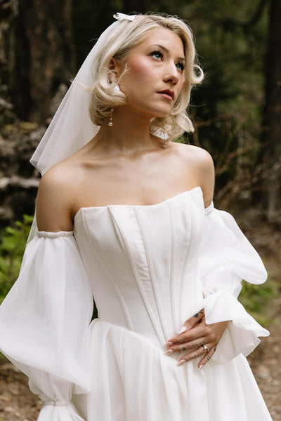 Charming A-Line Strapless White Satin Organza Wedding Dresses with Long Sleeves VK25102002