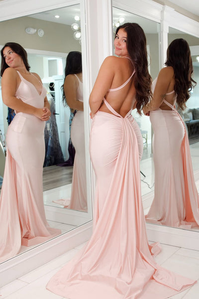 Charming Mermaid V Neck Pink Stretch Satin Prom Dress VK5111404