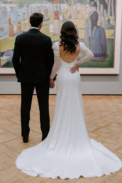 Charming Mermaid Square Neck Long Sleeves White Satin Wedding Dresses VK23122203
