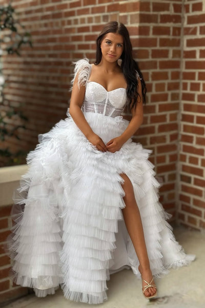 A-Line Sweetheart White Ruffle Tiered Tulle Long Prom Dress Homecoming Dresses with Slit VK25091708