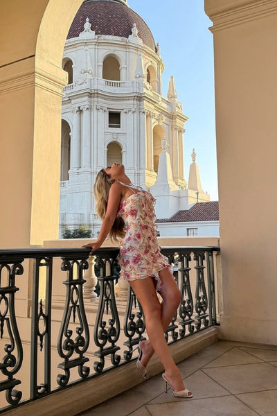 Pink Floral Ruffle Spaghetti Straps Mini Sheath Homecoming Dress VK25092901